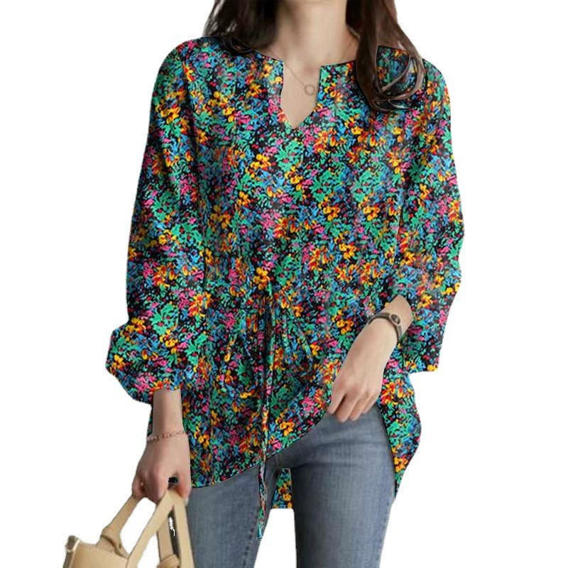 2024 European and American Casual Vacation Tops Autumn Fashion Long-Sleeved V Neck Floral Print Drawstring Waist Loose Top