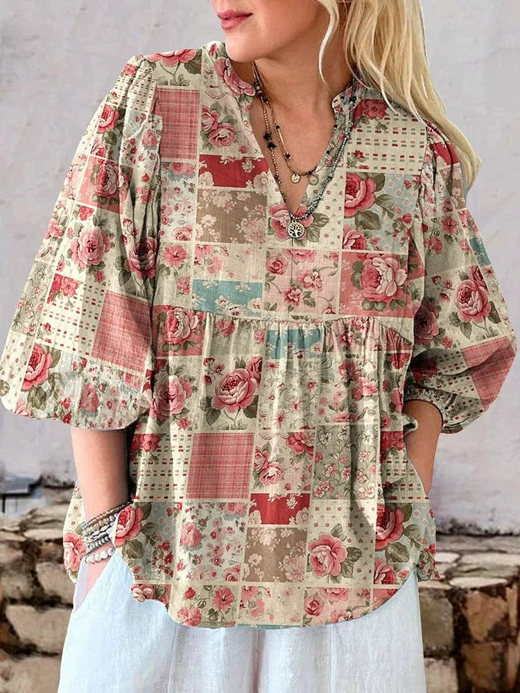 2025 New European and American Fashion Shirts Independent Station Hot Selling V Neck Flower Print Puff Sleeve Women's Shirts