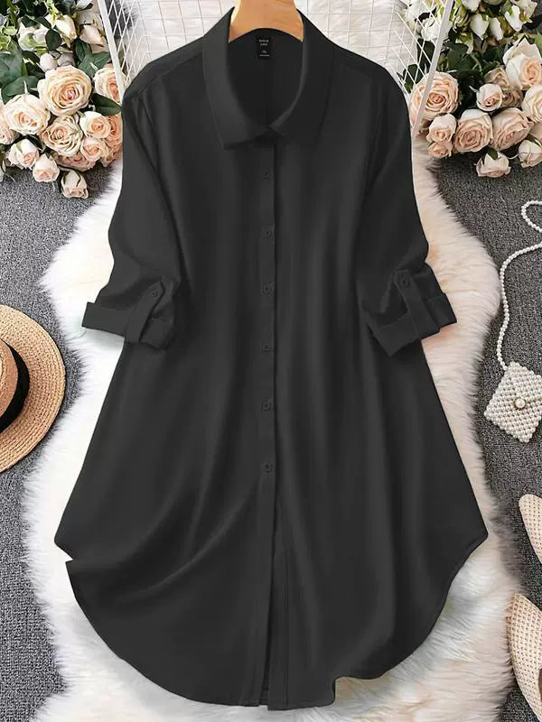 【】2024 Cross-Border New Product Amazon Chiffon Shirt with Five-Quarter Sleeves, Loose Button-Down Mid-Length Shirt with Seven-Quarter Sleeves