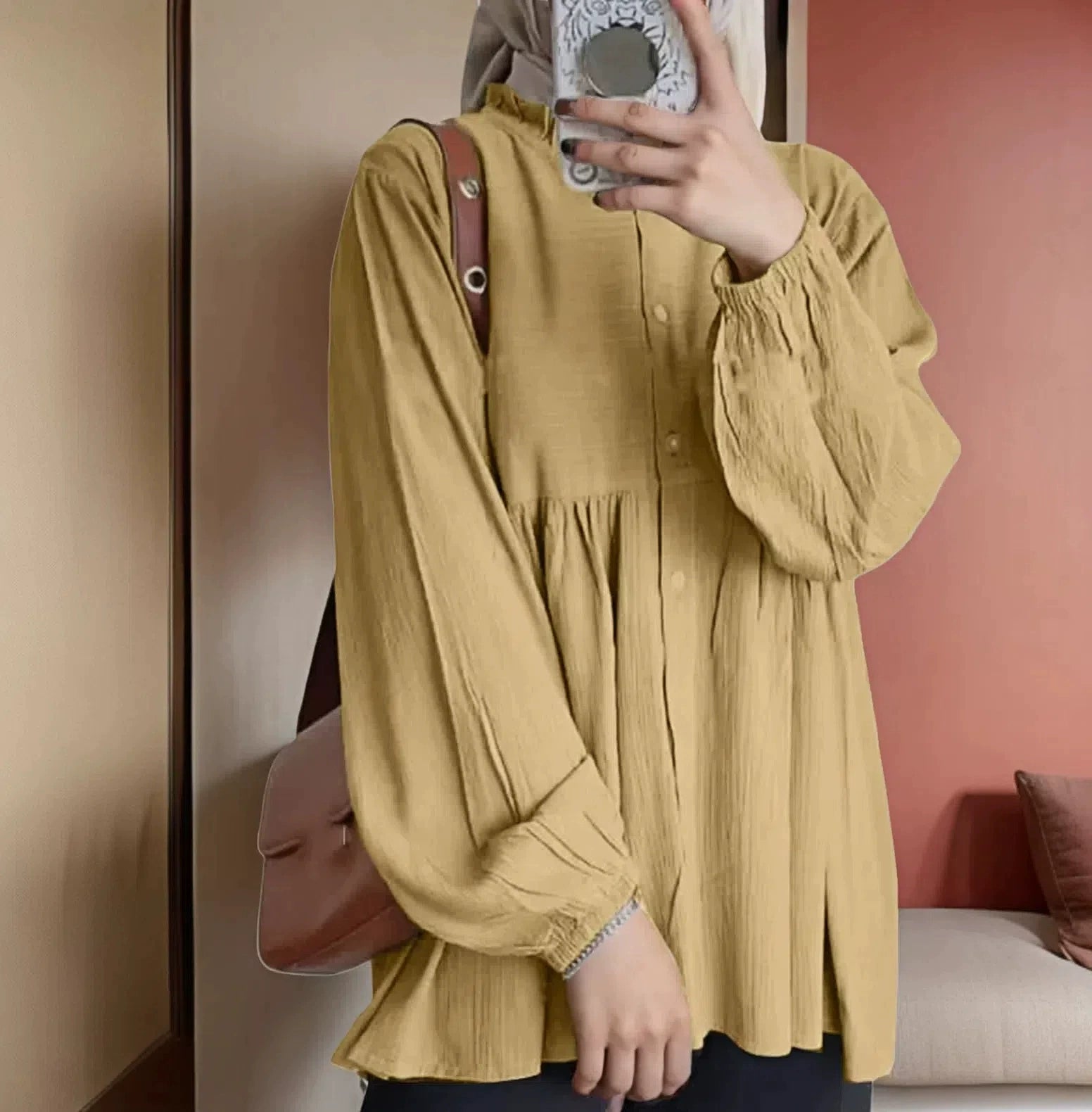 Women's loose solid color lantern sleeve cardigan ruffled round neck solid color all-match top