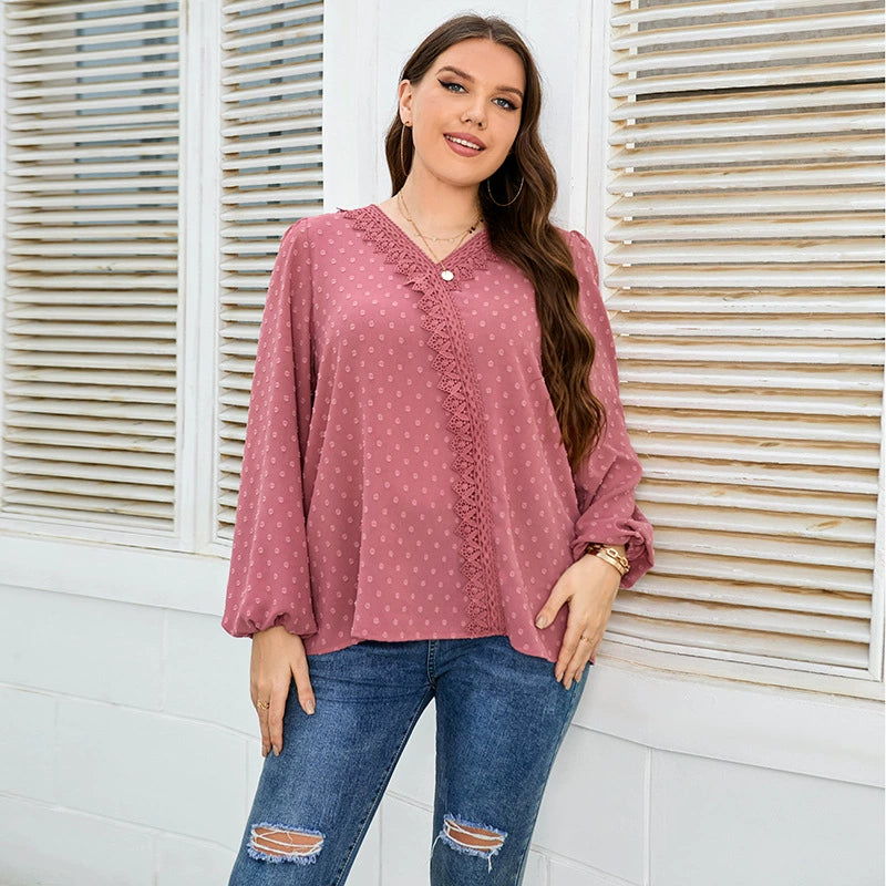 2022 European and American Style Cross-Border Trade Solid Color Woven Elegant Commuter Off-Shoulder Korean Version Long-Sleeve Chiffon Blouse Plus Size