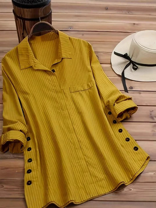 Spring and Autumn 2025 New Women's Solid Color Striped Button Cotton Linen False Pocket Striped Long Sleeve Long Shirt Top
