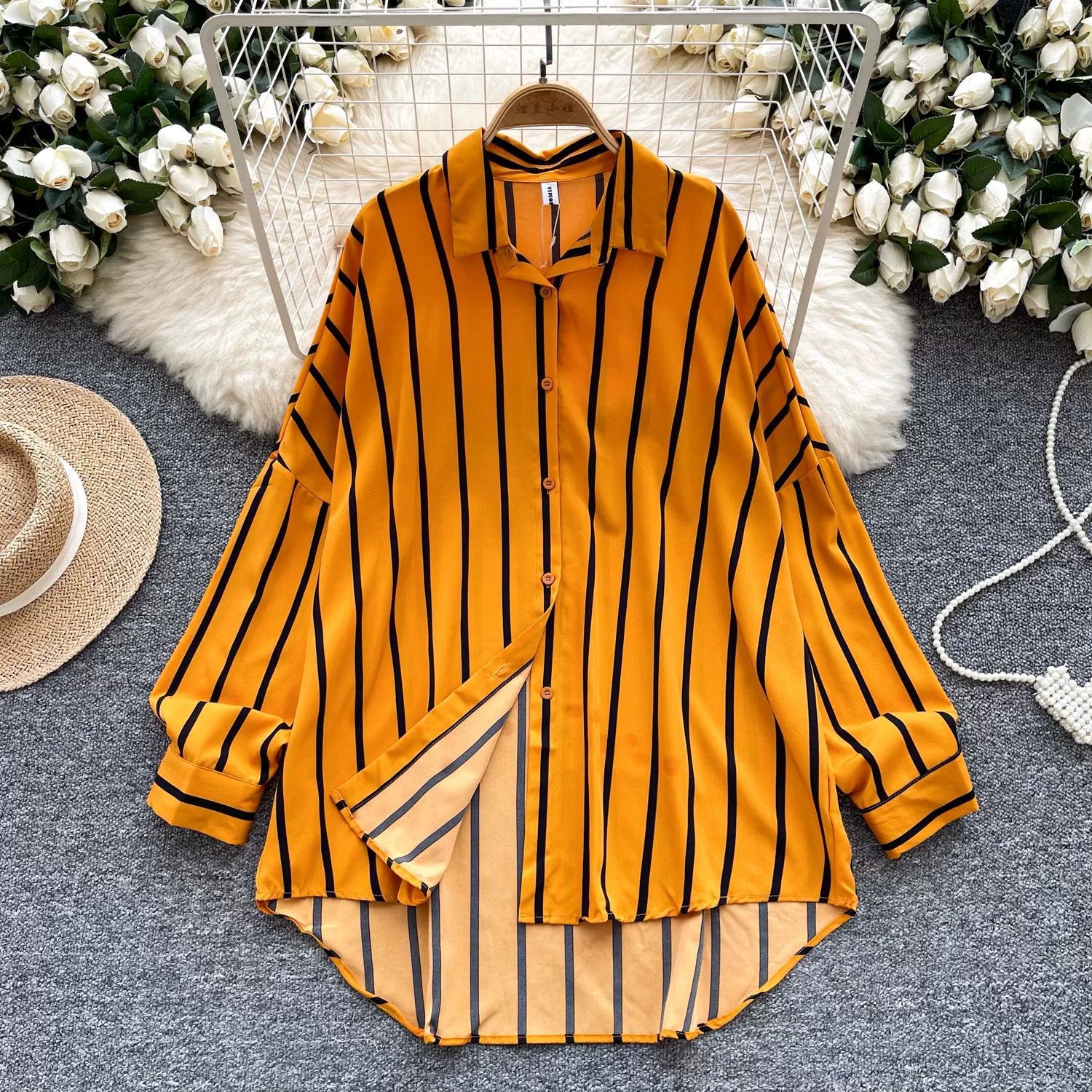 Women's Long-Sleeved Striped Shirt, New Autumn Style, European and American Style, Casual, Versatile, Loose Fit, Slimming, Mid-Length, Plus Size Shirt, Trendy