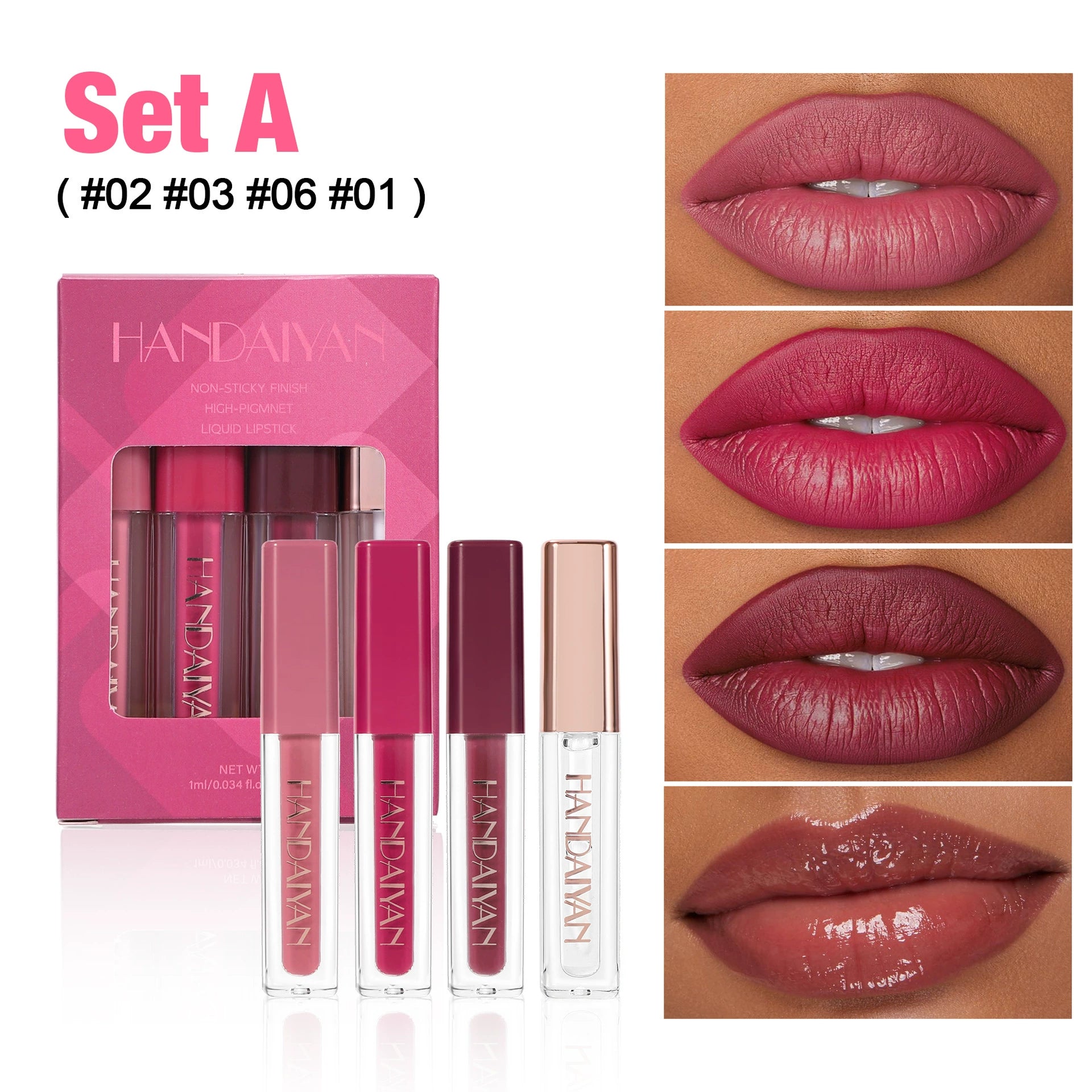 Cross-Border Lip Glaze Set Square Tube Lip Gloss Handaiyan Waterproof Easy-To-Color Pearlescent Matte Lip Glaze Set