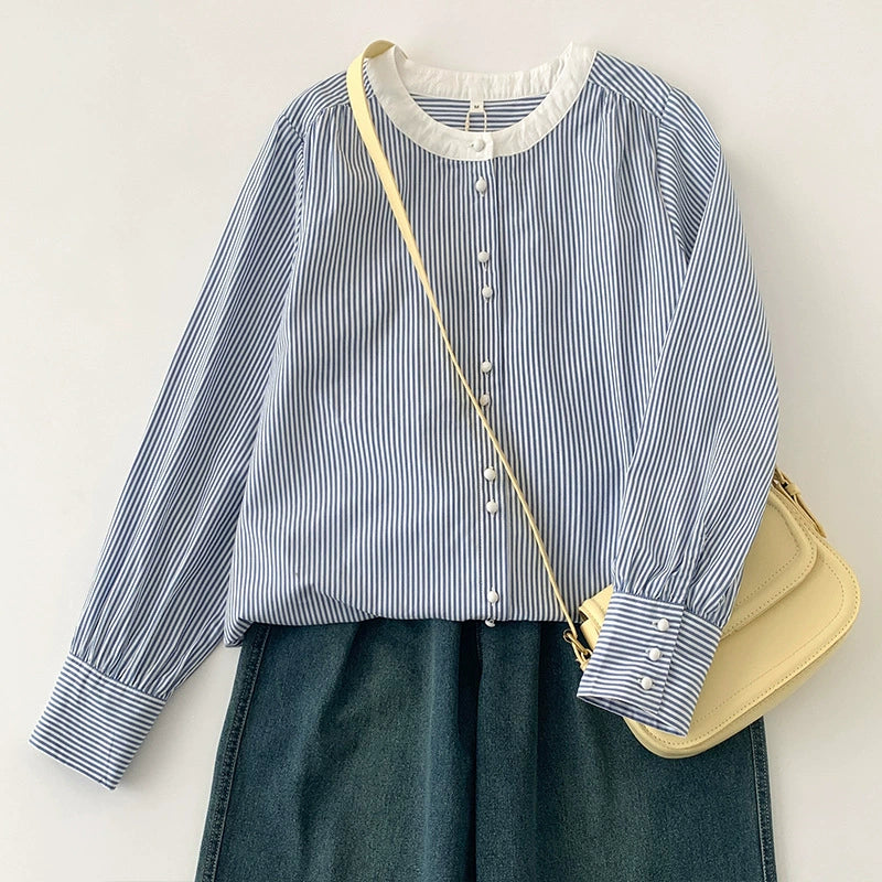 Real shot in stock striped shirt cotton stitching 2025 spring all-match French cotton white-collar shirt for women