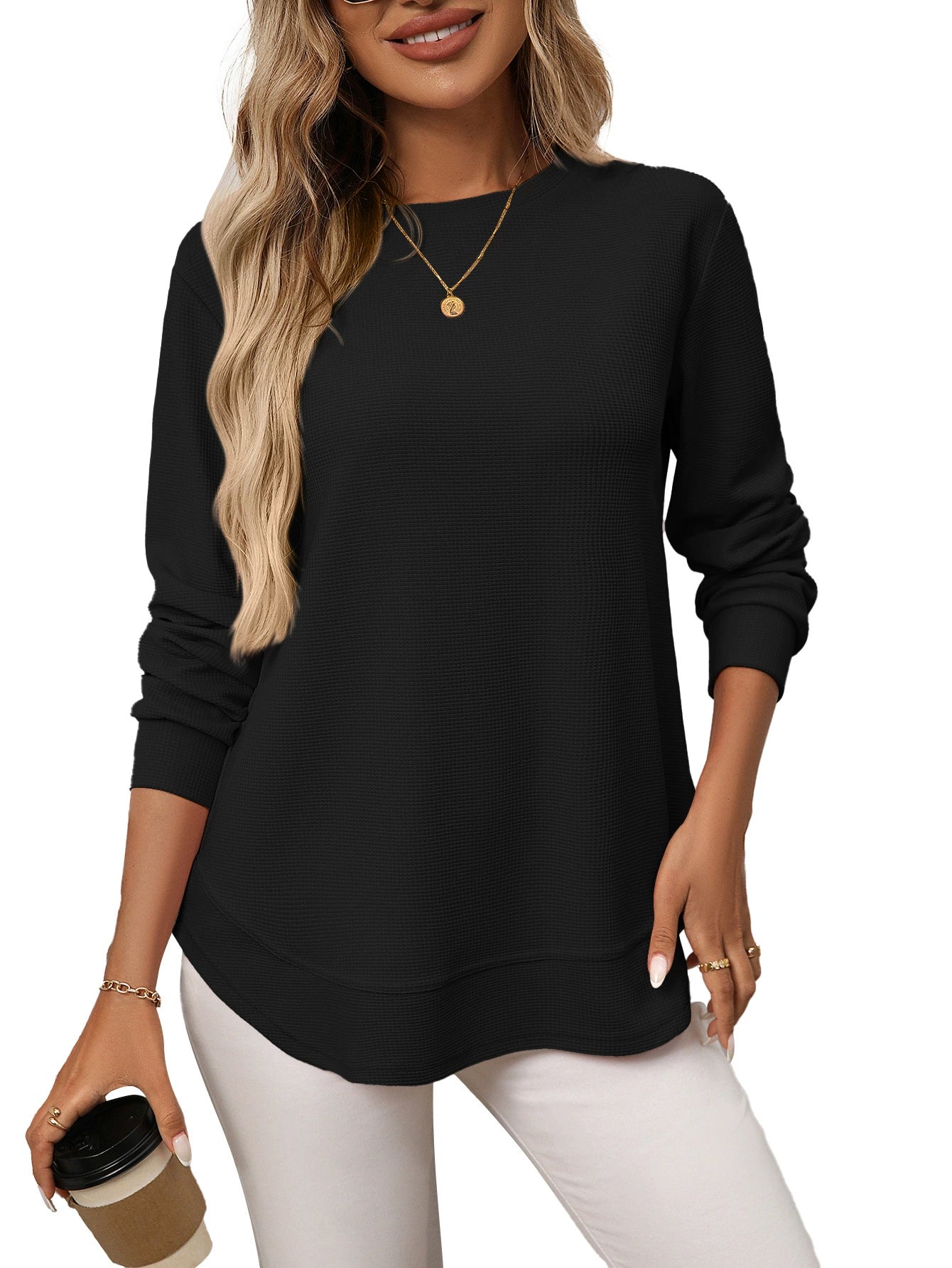 Women's Autumn and Winter New Loose Waffle Casual Versatile T-Shirt Knitted Long Sleeves