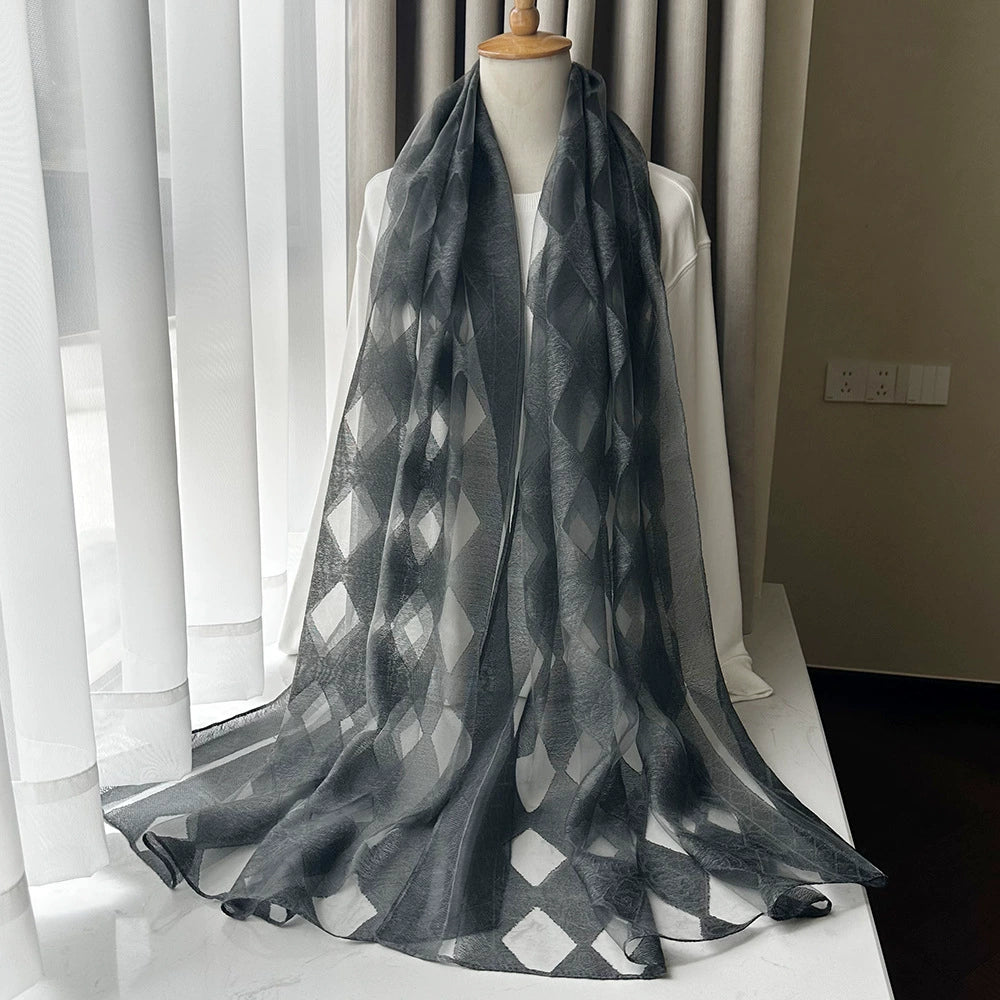 Foreign Trade Cut Flower Scarf for Women, Korean Style Rhombus Imitation Silk Sunscreen Scarf, Thin Women's Headscarf