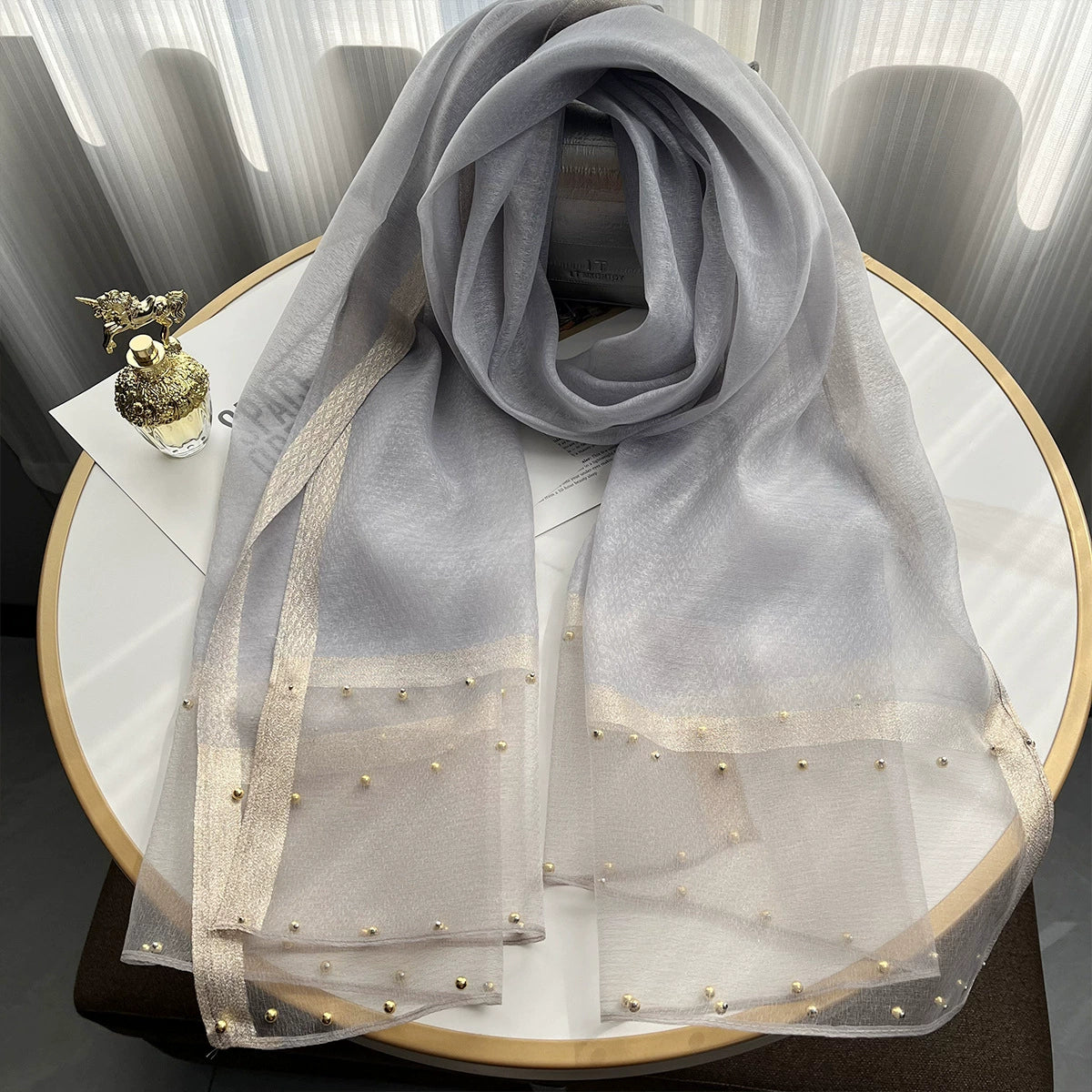 2025 Border Gold Edge Silk Scarf Classic Plaid Beaded Scarf Sunscreen Silk Scarf Gift Box Premium Sense
