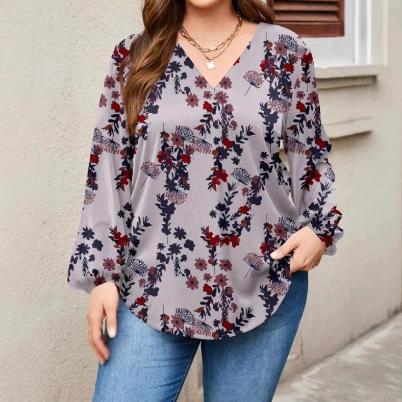 2024 autumn and winter new European and American cross-border V-neck casual printing plant printing lantern sleeve long sleeve shirt