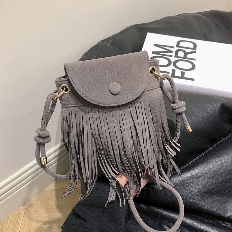 2024 Autumn and Winter New Suede Personalized Tassel Buckle Mobile Phone Bag Frosted Retro Ethnic Style Single Shoulder Crossbody Bag