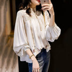 2026 Spring and Autumn New Fashion Versatile Printed Shirt for Women, Stand Collar Bohemian Style Loose Chic Top