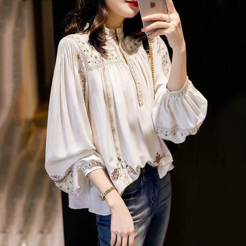 2026 Spring and Autumn New Fashion Versatile Printed Shirt for Women, Stand Collar Bohemian Style Loose Chic Top