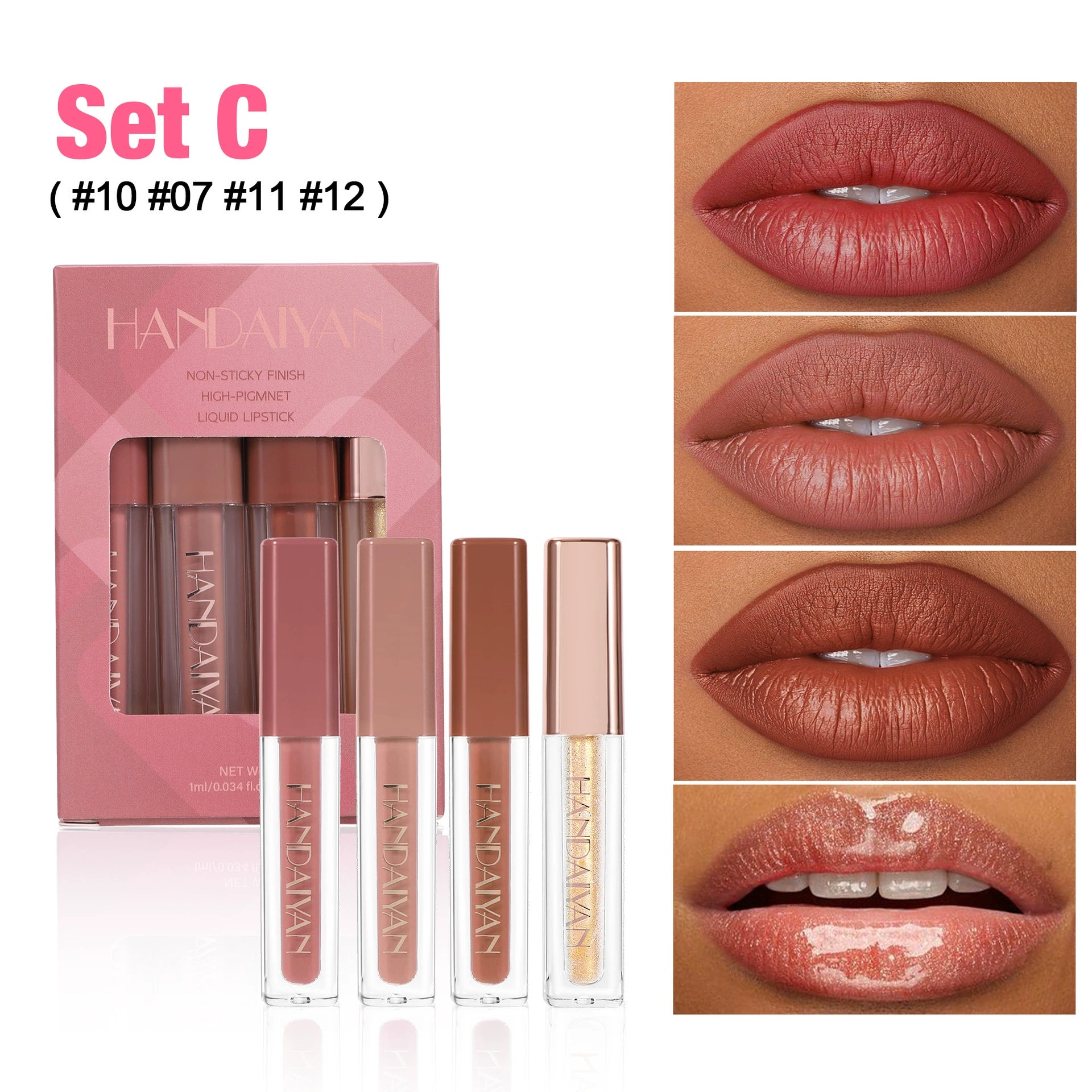 Cross-Border Lip Glaze Set Square Tube Lip Gloss Handaiyan Waterproof Easy-To-Color Pearlescent Matte Lip Glaze Set