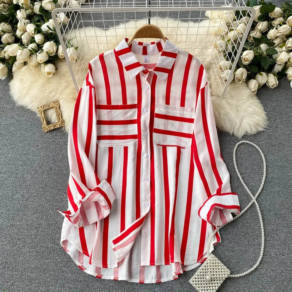 2026 Summer, Spring and Autumn New Mid-Length Vertical Striped Multi-Color Shirt Jacket for Women, Korean Style Casual Loose Top