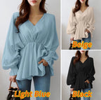 Japanese Style Simple V-neck Drawstring Irregular Autumn Women's Shirt Loose Design Sense Casual Long-sleeved Shirt Women's Fashion