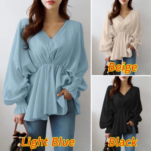 Japanese Style Simple V-neck Drawstring Irregular Autumn Women's Shirt Loose Design Sense Casual Long-sleeved Shirt Women's Fashion