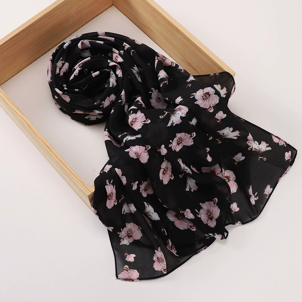 New Malaysian Pearl Chiffon Silk Scarf Rose Print Hijab Hui Turban Gauze Scarf Wholesale