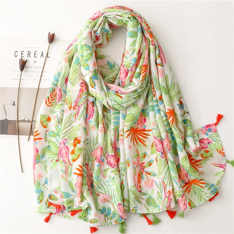 Spring and Summer Elegant Socialite Elegant Fresh Pink Green Bright Flowers Birds Herringbone Cotton Linen Scarf Scarf Shawl