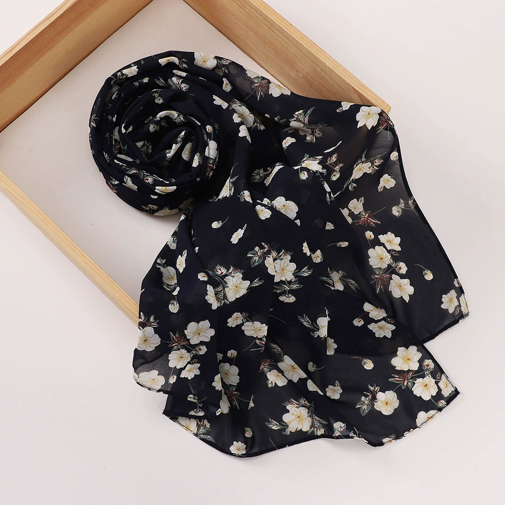 New Malaysian Pearl Chiffon Silk Scarf Rose Print Hijab Hui Turban Gauze Scarf Wholesale
