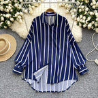 Women's Long-Sleeved Striped Shirt, New Autumn Style, European and American Style, Casual, Versatile, Loose Fit, Slimming, Mid-Length, Plus Size Shirt, Trendy