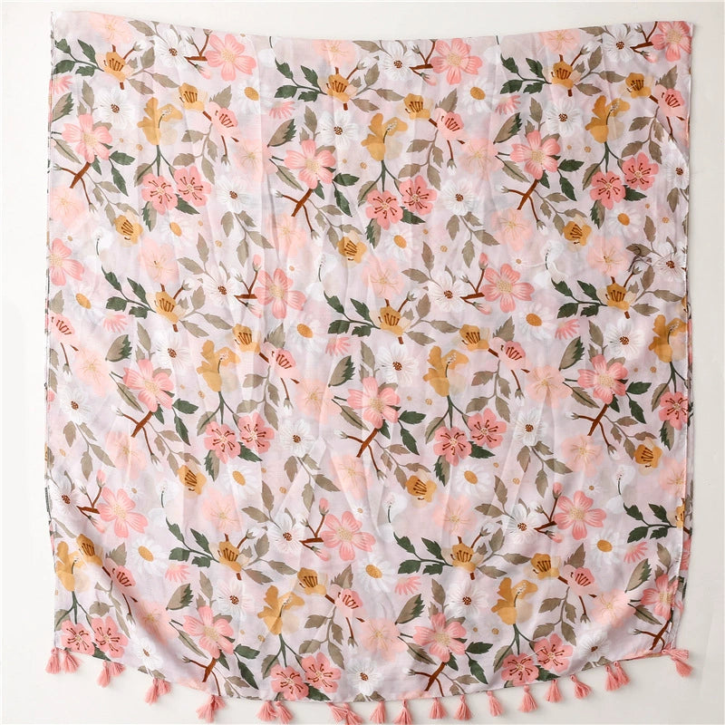 Summer Holiday Sunscreen Scarf Bohemian Pink Flower Scarf Large Shawl Travel Seaside Beach Towel Women