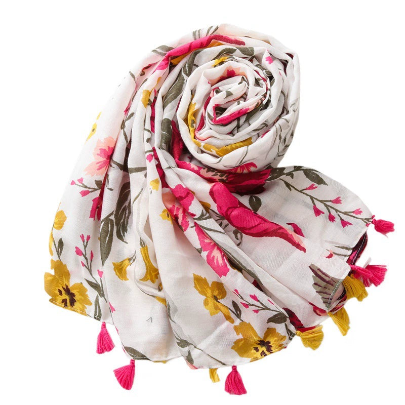 Four Seasons Travel Sunscreen Shawl Elegant All-match Color Flower Printing Ethnic Style Cotton Linen Scarf Women