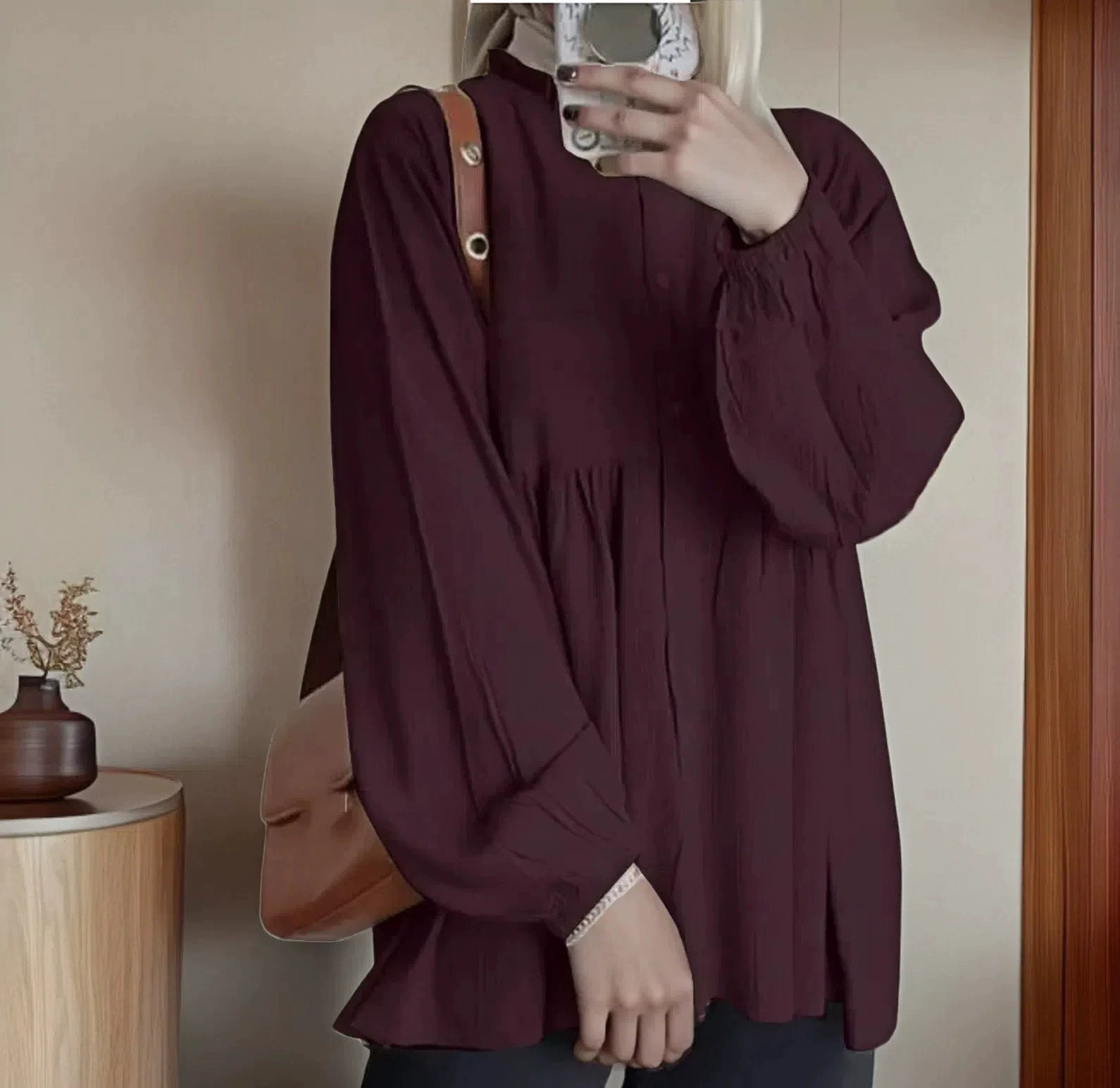 Women's loose solid color lantern sleeve cardigan ruffled round neck solid color all-match top