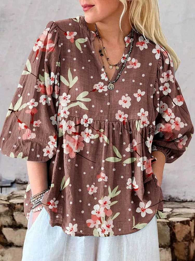 2025 New European and American Fashion Shirts Independent Station Hot Selling V Neck Flower Print Puff Sleeve Women's Shirts