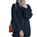 Women's loose solid color lantern sleeve cardigan ruffled round neck solid color all-match top
