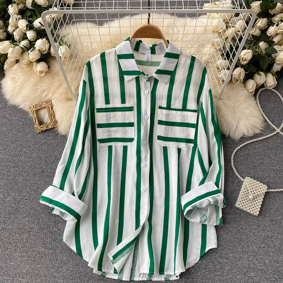 2026 Summer, Spring and Autumn New Mid-Length Vertical Striped Multi-Color Shirt Jacket for Women, Korean Style Casual Loose Top