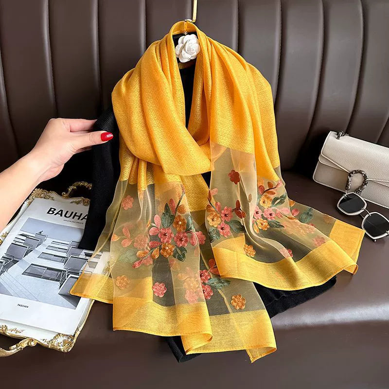 Spring and Autumn New Beaded Imitation Silk Scarf for Women Elegant and Versatile Embroidered Begonia Flower Long Scarf Summer Sunscreen Gauze Scarf