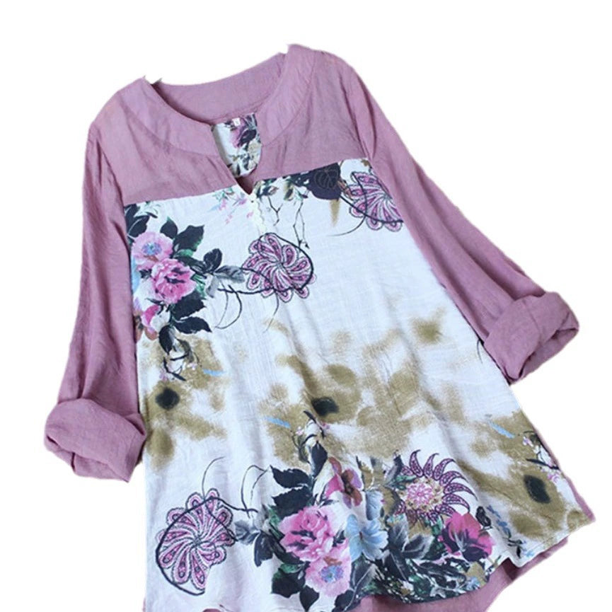 Women's Shirt with Elegant and Stylish Printed Patchwork Design, Pullover Long-Sleeve Top, European and American Style, Loose Fit, Suitable for Commuting