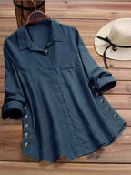 Spring and Autumn 2025 New Women's Solid Color Striped Button Cotton Linen False Pocket Striped Long Sleeve Long Shirt Top