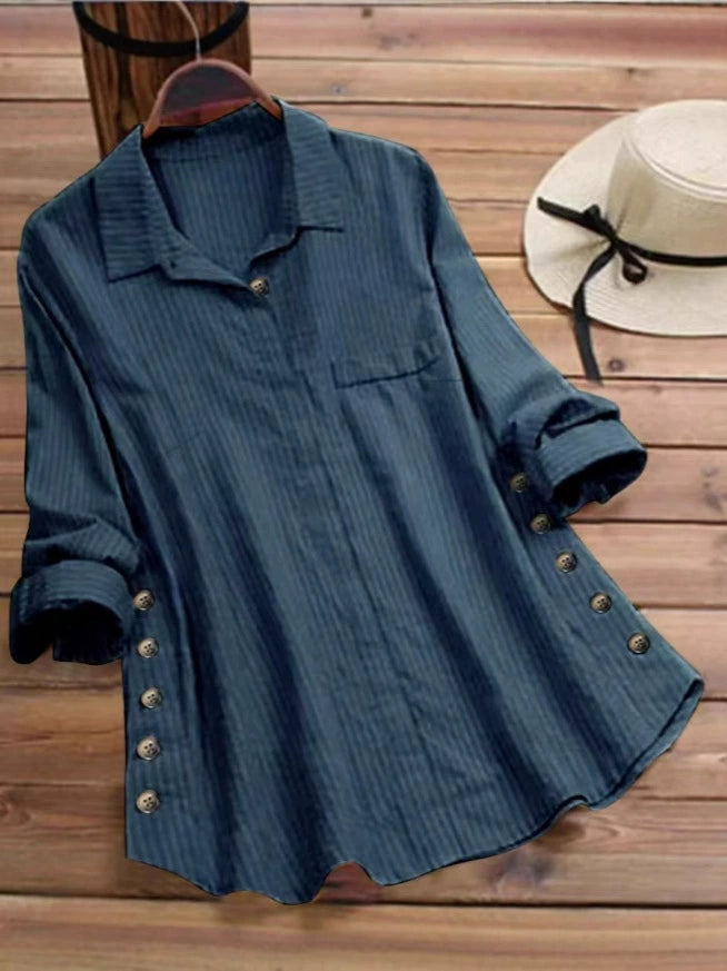 Spring and Autumn 2025 New Women's Solid Color Striped Button Cotton Linen False Pocket Striped Long Sleeve Long Shirt Top
