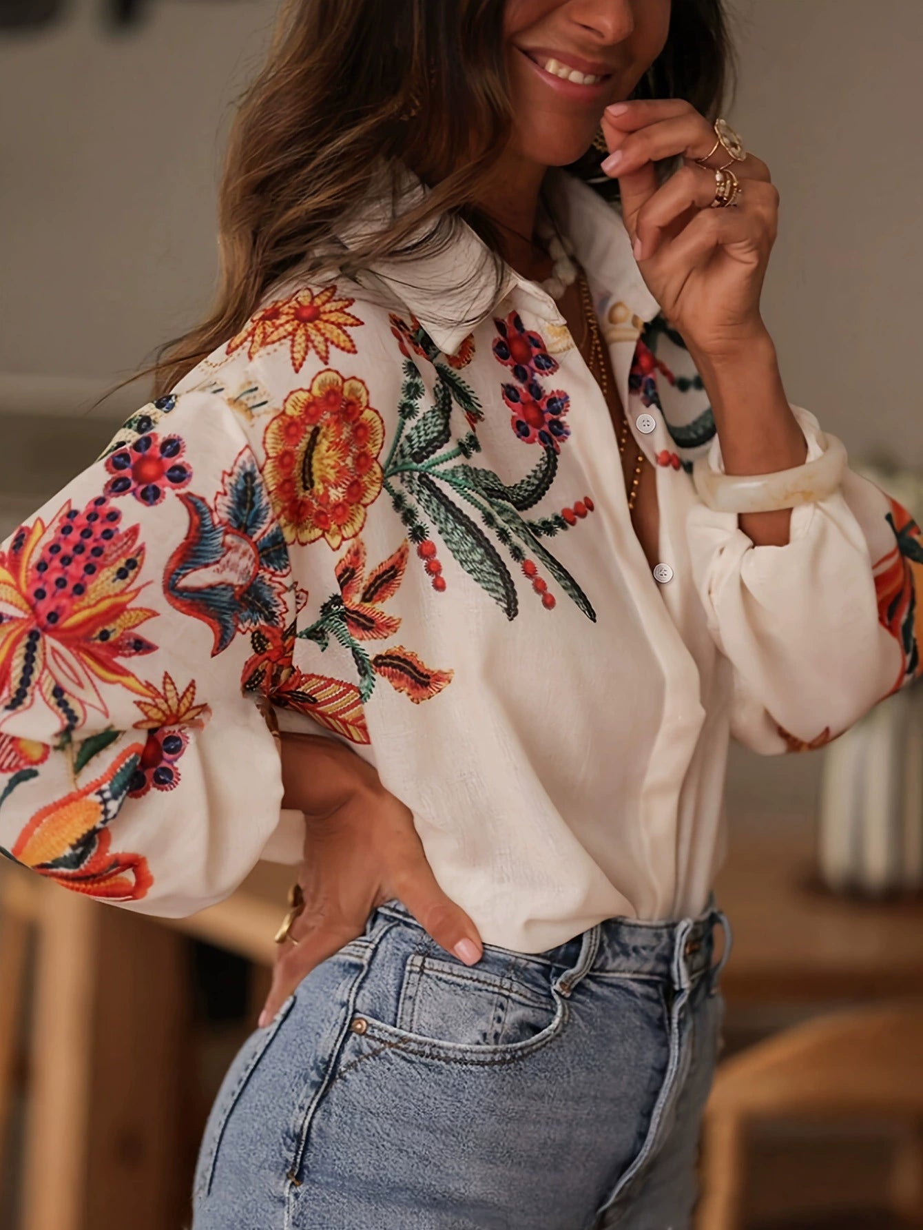 European and American Cross-Border Amazon Women's Clothing 2025 Spring and Summer New Loose Long-Sleeved Digital Printed Shirt Tops