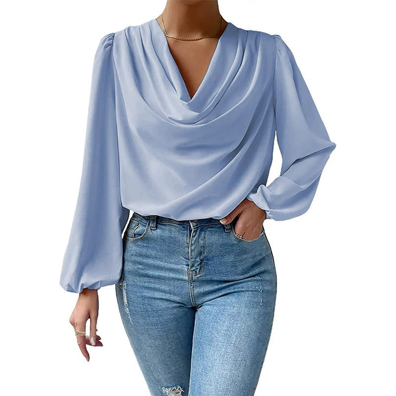 2025 Cross-Border Wish New European and American Summer Chiffon Long-Sleeved Shirt Loose Draped V-Neck Top T-Shirt Women's Clothing