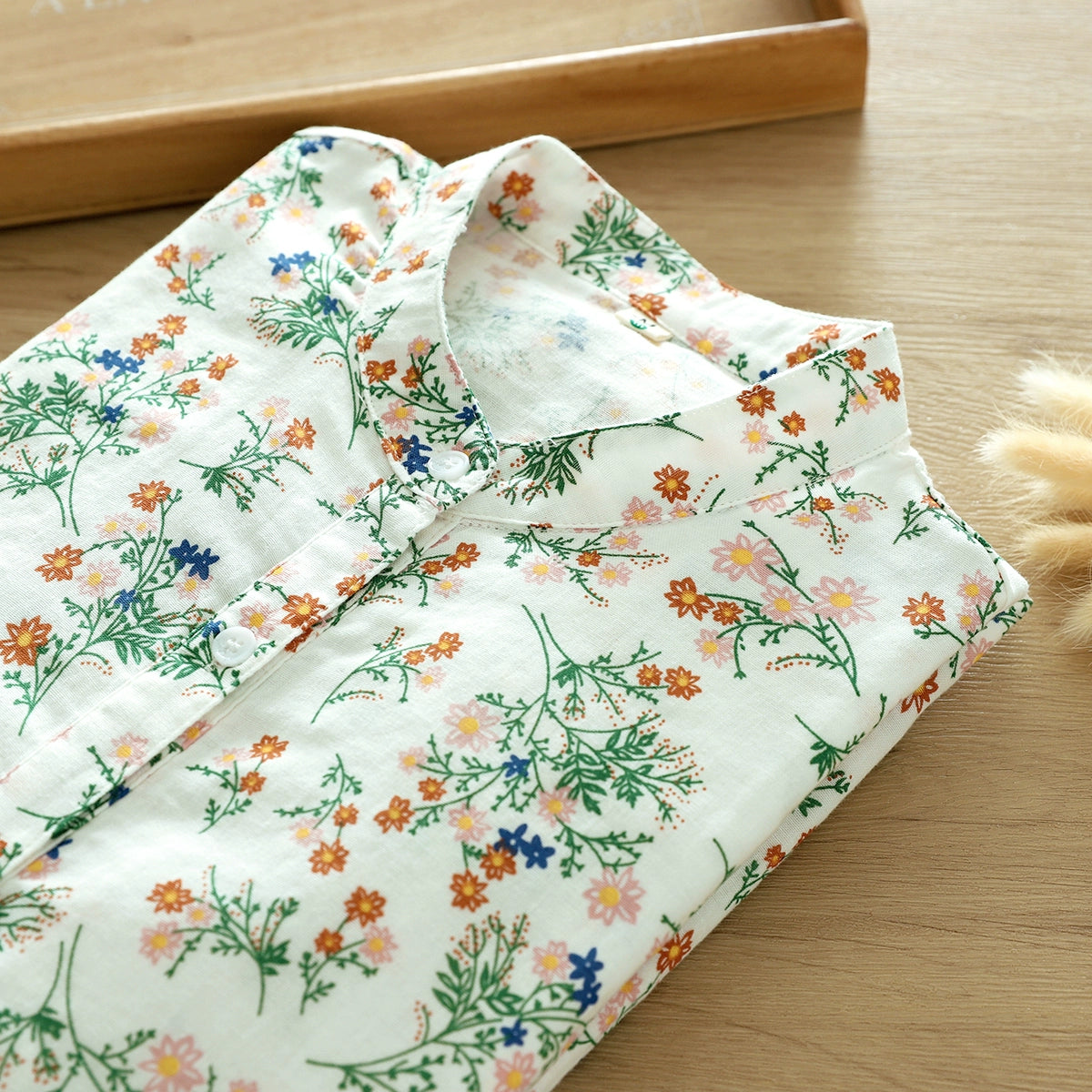 Double-Layer Cotton Gauze Stand-Up Collar Shirt for Women, Long-Sleeved, Retro Literary Style, Soft and Skin-Friendly, Pure Cotton, Unique French Floral Top
