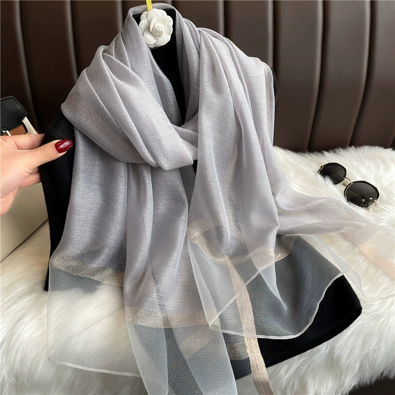New Korean style solid color all-match silk scarf women's long scarf gold silk sequined silk wool scarf spring and autumn sun protection shawl batch