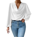 2025 Cross-Border Wish New European and American Summer Chiffon Long-Sleeved Shirt Loose Draped V-Neck Top T-Shirt Women's Clothing