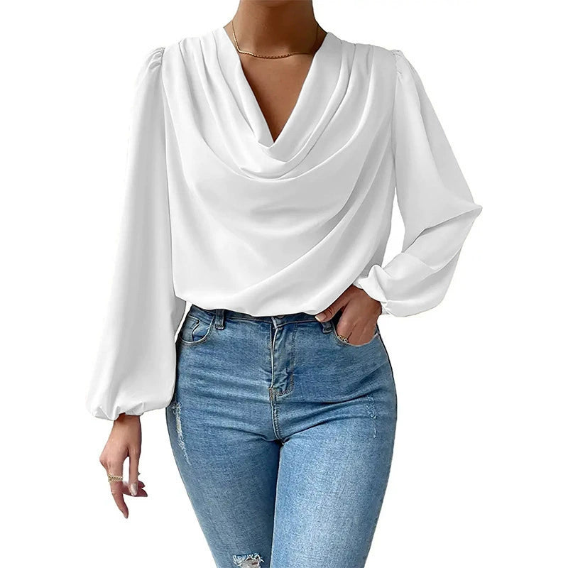 2025 Cross-Border Wish New European and American Summer Chiffon Long-Sleeved Shirt Loose Draped V-Neck Top T-Shirt Women's Clothing