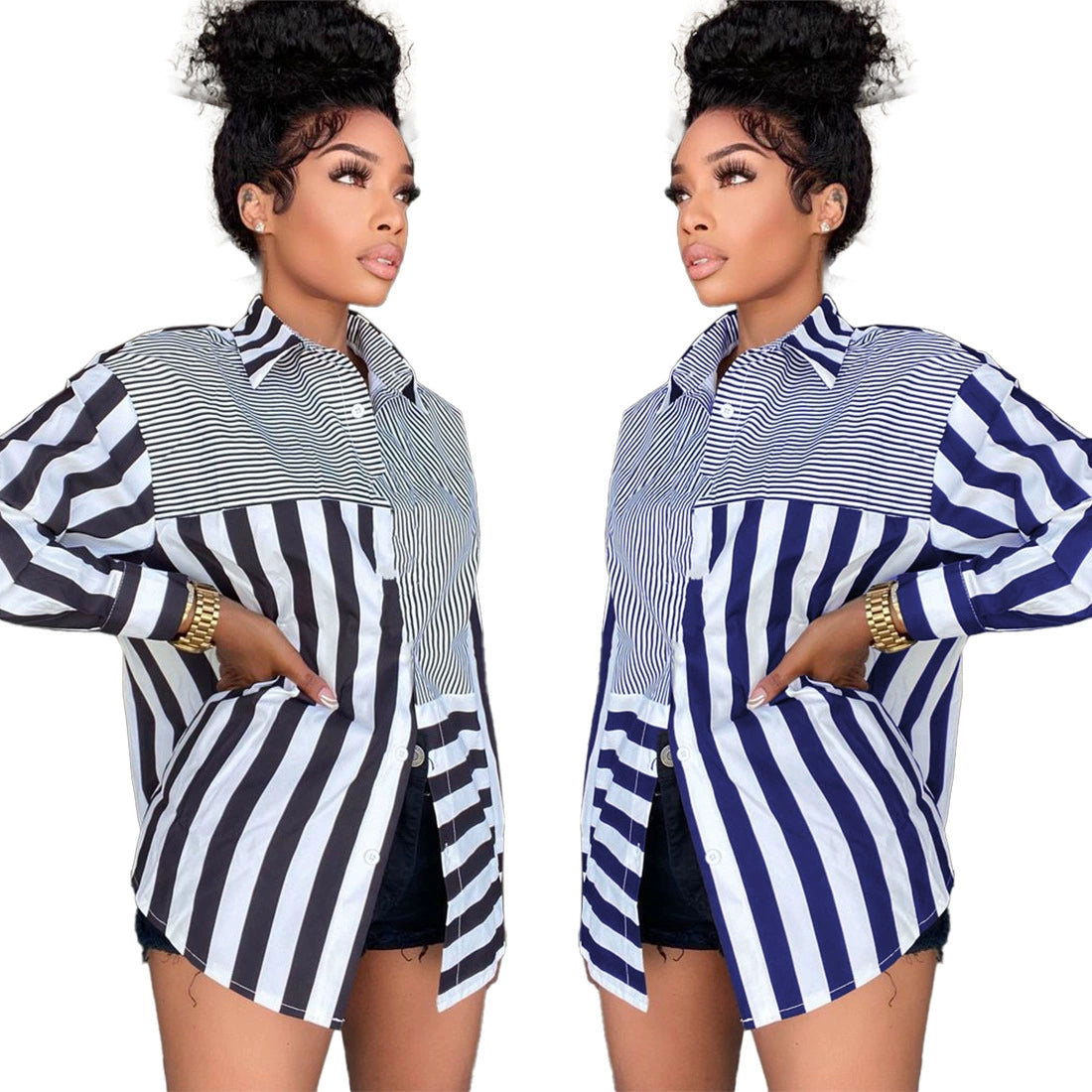 Cross-border e-commerce source manufacturers 2021 autumn European and American women's fashion ladies striped printed loose shirt skirt