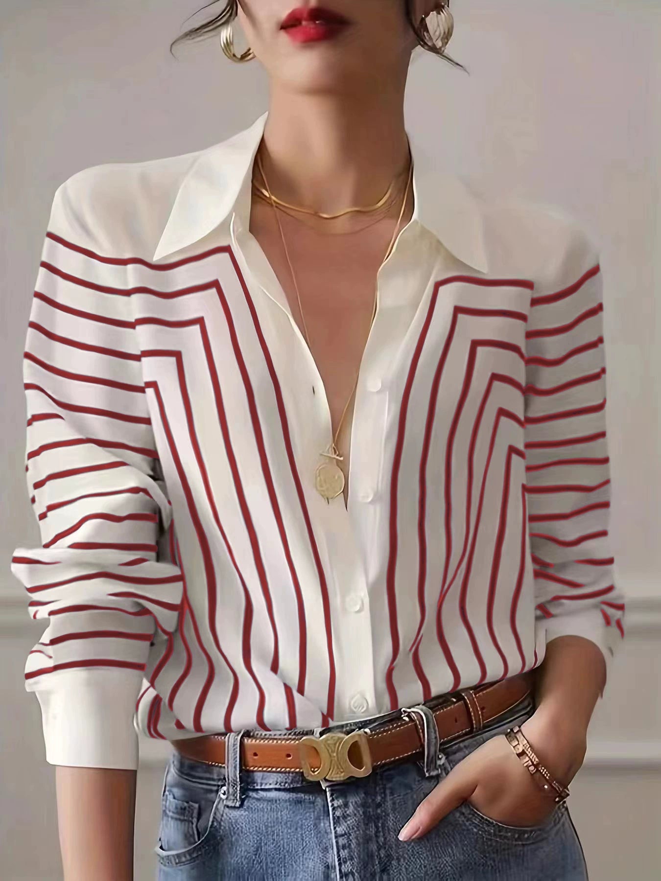 Autumn 2025 Striped Shirt Women's Long-sleeved Loose High-end Elegant Slim-fit Crepe de Chine Silk Top Women's Shirt