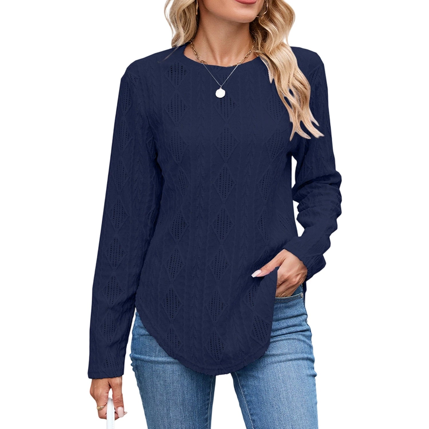2025 European and American Amazon Autumn and Winter New Casual Round Neck Long-Sleeved Curved Hem T-Shirt Button Cut Out Top for Women