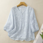 The Wind Blows Past the Half-Moon V-Neck Pearl Button Breathable Comfortable Slimming Hollow-Out 2025 New Stylish Embroidered Floral Blouse