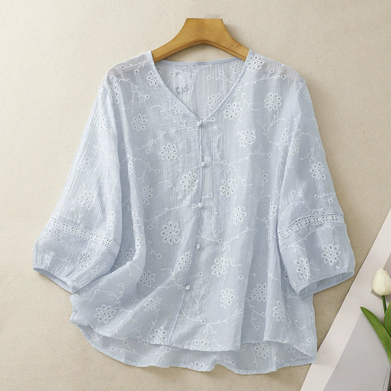 The Wind Blows Past the Half-Moon V-Neck Pearl Button Breathable Comfortable Slimming Hollow-Out 2025 New Stylish Embroidered Floral Blouse