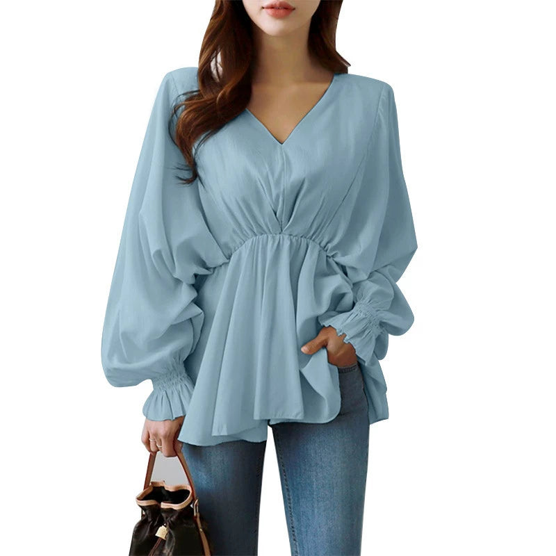 Japanese Style Simple V-neck Drawstring Irregular Autumn Women's Shirt Loose Design Sense Casual Long-sleeved Shirt Women's Fashion
