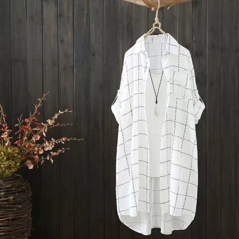 Cross-Border Best-Selling Long-Sleeved Shirt for Women, Mid-Length Sun Protection Clothing, Summer Wear, Letter Plaid Print, Thin Cardigan, Versatile Outerwear