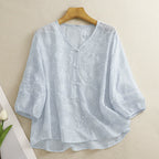 The Wind Blows Past the Half-Moon V-Neck Pearl Button Breathable Comfortable Slimming Hollow-Out 2025 New Stylish Embroidered Floral Blouse