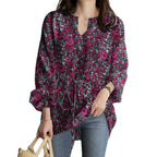 2024 European and American Casual Vacation Tops Autumn Fashion Long-Sleeved V Neck Floral Print Drawstring Waist Loose Top