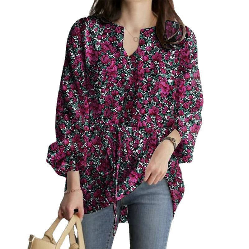 2024 European and American Casual Vacation Tops Autumn Fashion Long-Sleeved V Neck Floral Print Drawstring Waist Loose Top
